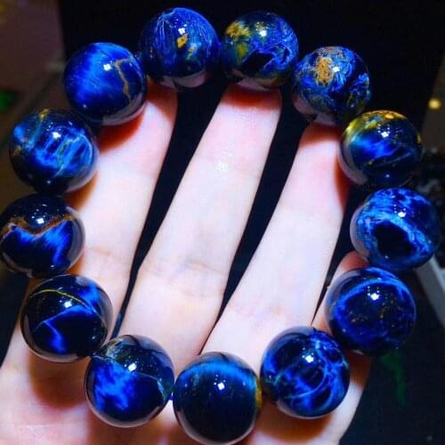 17mm Natural Blue Pietersite Women Men Gemstone Bracelet Round Beads Chatoyant Cat Eye Namibia Certificate AAAAA