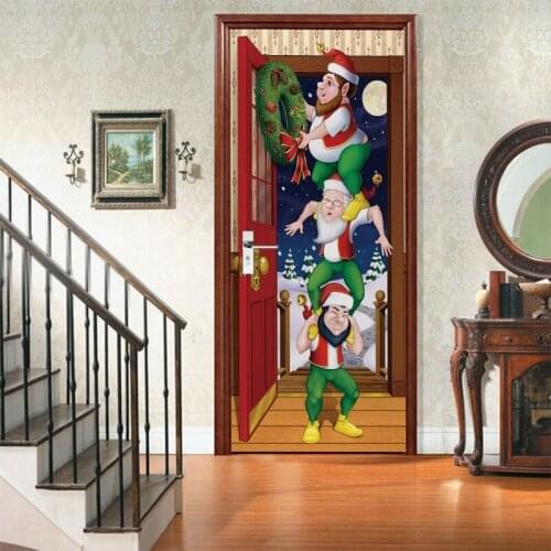 2pcs/set Christmas Santa Wreath Decorative Refrigerator Door Sticker Waterproof Self Adhesive Wall Mural Decal Home Decor