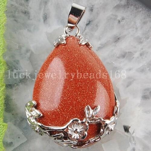 Free Shipping Women Fashion Jewelry 27x36mm Gold Sand Stone Teardrop Pendant Bead 1Pcs C3103