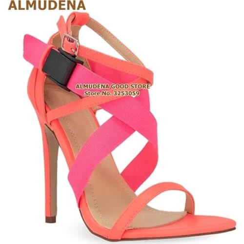 ALMUDENA Pink Neon Yellow Cross Strappy Sandals Stiletto Heels Bandage Strap Cage Shoes Wedding Pumps Dropship Sandals Size34-43