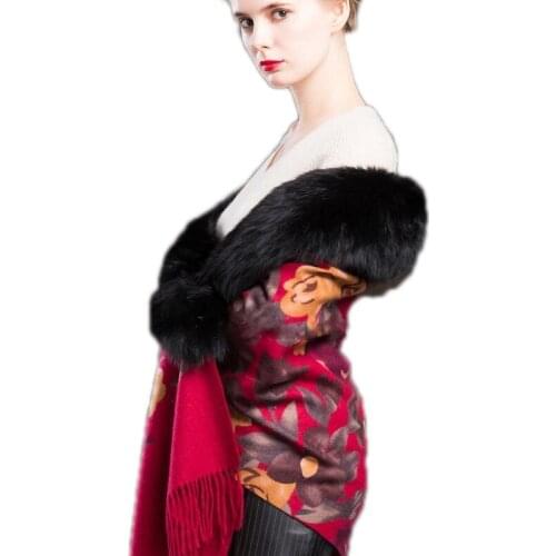 Elegant Print Wraps 100% Real Wool 100% Real Fox Fur Cape Coat Winter Shawl Wine Red