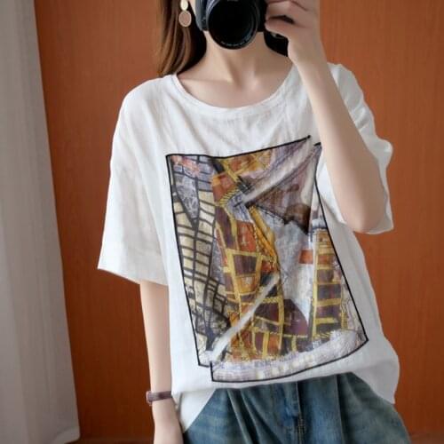 Summer Women Cotton Linen T-Shirts Loose Korean Style Personality Casual Patchwork Daily Home Pullover Half Sleeve Tees Female