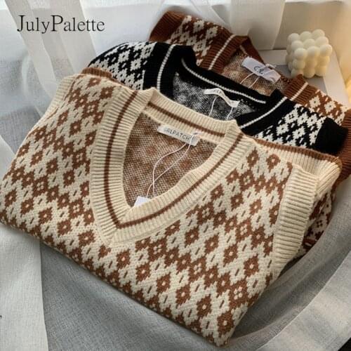 JulyPalette Women V Neck Sweater Vest Preppy Style Argyle Knitted Sleeveless Sweater Loose Female Autumn Winter Pullover Jumper
