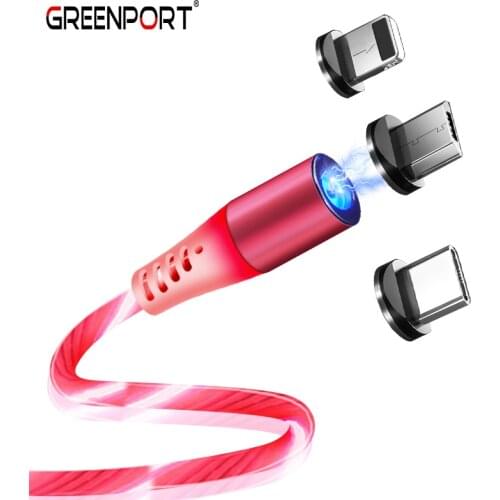 GREENPORT Flow Luminous Magnetic Cable LED Light Micro USB Cord Type C Charger Cable for iPhone Samsung Mobile Phone Charging