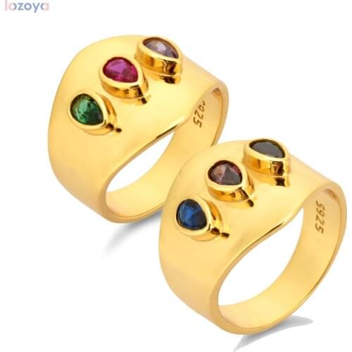 LOZOYA 925 Sterling Zircon Rock Punk Silver Gold Gemstone Big Large Rings Three Zircon Red Green Brown Colorful Jewelry