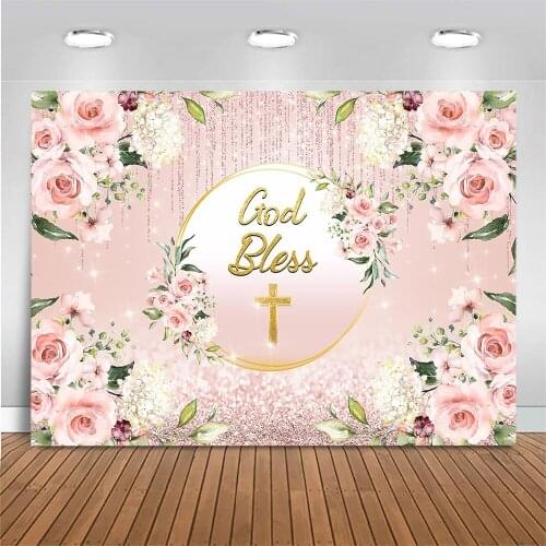 Mocsicka God Bless Newborn Baby Baptism Backdrop for Photography Pink Flower Green Leaf Baby Shower Photo Background PhotoStudio