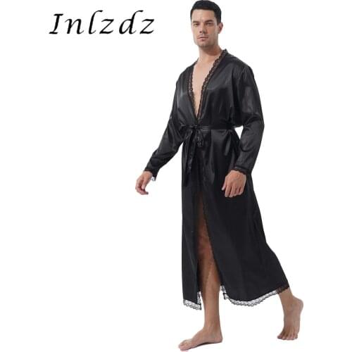 Men Sissy Nightwear Satin Belted Bathrobe Kimono Night-robe with Lace-Up Thongs Lounge Robe Sets Lace Trim Long Sleeve Nightwear