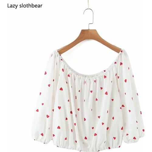 New style ladies love pattern printing blouse with sleeves round neck tops girly style simple top