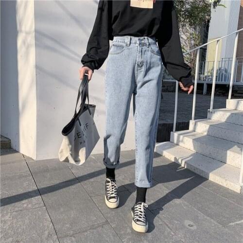 Wholesale 2021 Denim Jeans womens autumn and winter new high-waist all-match slim high loose student ankle length straight pants