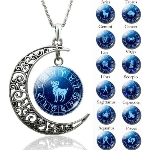 Unisex Augury Jewelry 12 Constellations Hollow Crescent Moon Faux Gem Necklace 2020