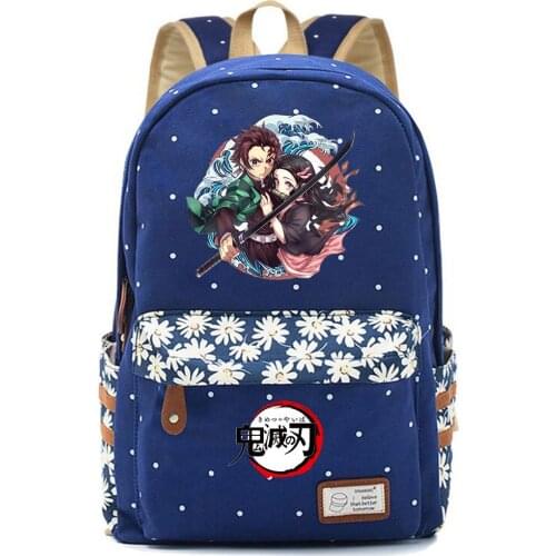 Anime Demon Slayer Kimetsu No Yaiba Canvas Backpack Flowers Dot Teenager Kids Daily Laptop Backpack Travel Bags Mochila Backpack