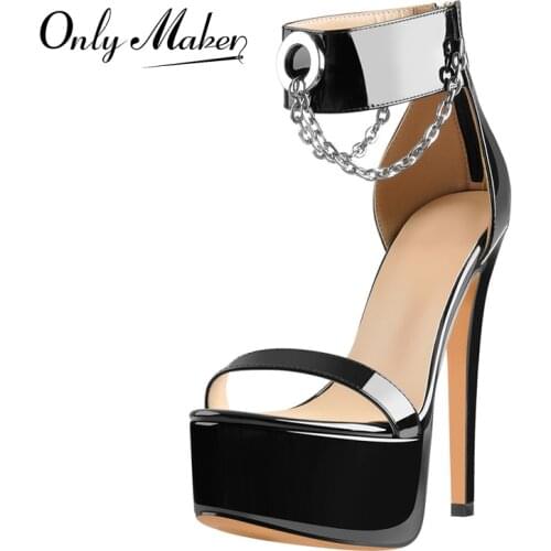 Onlymaker Summer Platform Sandals Open Toe Thin High Heels Patent Leather Black Geometric Metal Chain Decoration Zipper