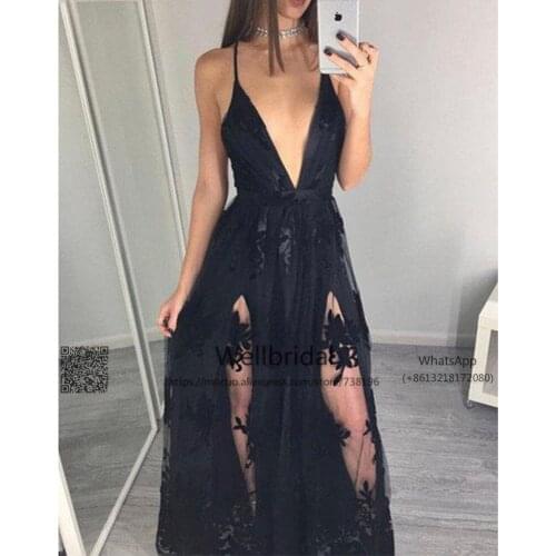 Sexy 2017 New Long prom dresses Deep V-Neck Spaghetti Straps vestidos de fiesta Lace Appliques Black Evening Prom Party Dress