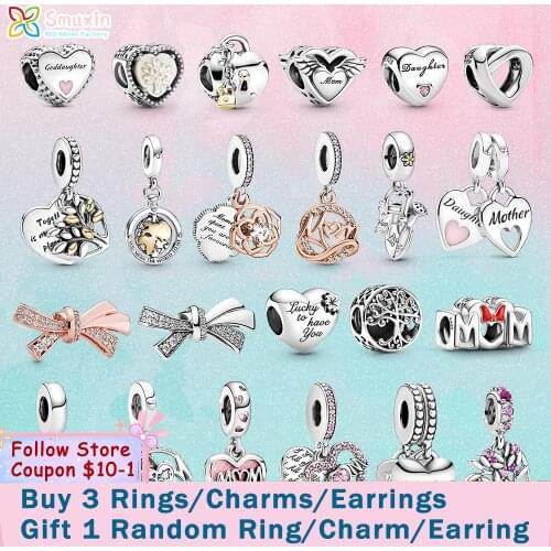 Smuxin 925 Sterling Silver Bead Family Mum Love Heart Mother charms fit Original Pandora Bracelets for Women Jewelry Mother Gift