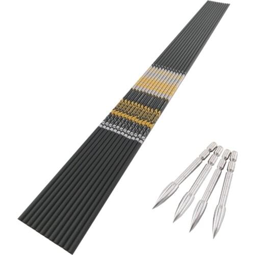 Archery Carbon Arrow Spine 350-900 ID4.2mm Shaft 100gr Arrow Points for Recurve Compound Bow Hunting 12pcs