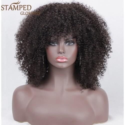 Stamped Glorious Synthetic Short Wig Afro Kinky Curly Wigs With Bangs For Black Women Cosplay Wigs High Temperature Hair