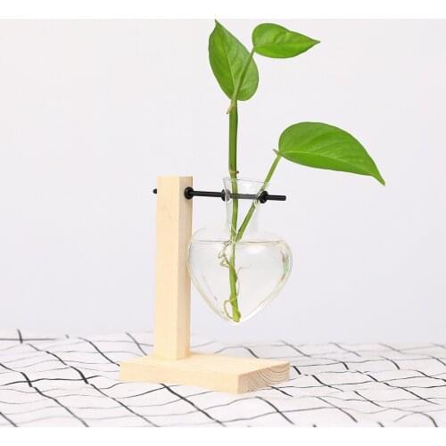 Green Plant Terrarium Hydroponic Vases Wood Rack Flower Pot Transparent Vase Clear Glass Tabletop Plants Home Bonsai Decor