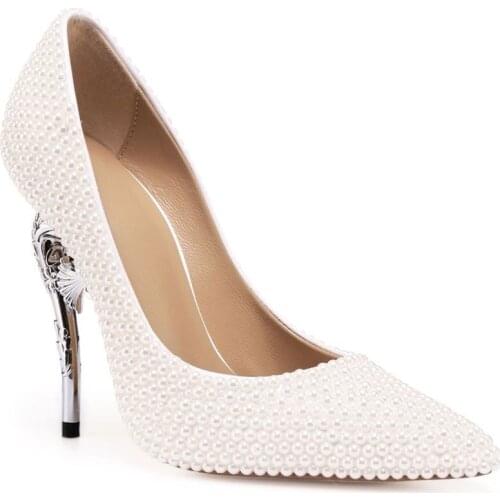 Leather Women High-heeled Silver Seahorse Heel Pearl Fashion Pointed Toe Shallow Handmade Wedding Shoes Pumps Shoes For Brides