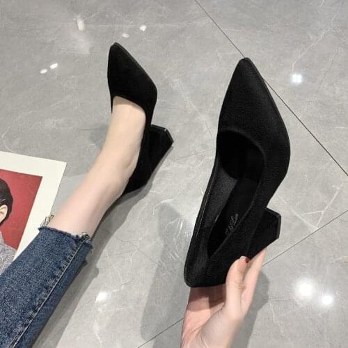 2021 Spring Summer New Womens Thick Heel Single Shoes Retro High Heel Flock Lady Work Shoes