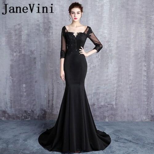 JaneVini Black Mermaid Long Bridesmaids Dresses with Sleeves Satin Sexy Backless Beaded Lace Appliques Sweep Train Robe Soiree