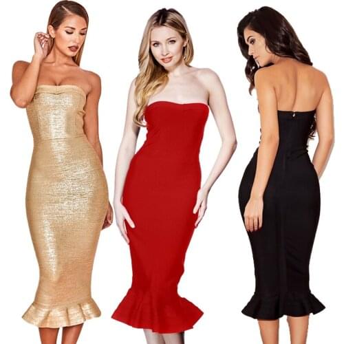 Free Shipping 2020 New Dress Sexy Tight Strapless Women Dress Black Red and Gold Rayon Bandage Dress Evening Party Dress