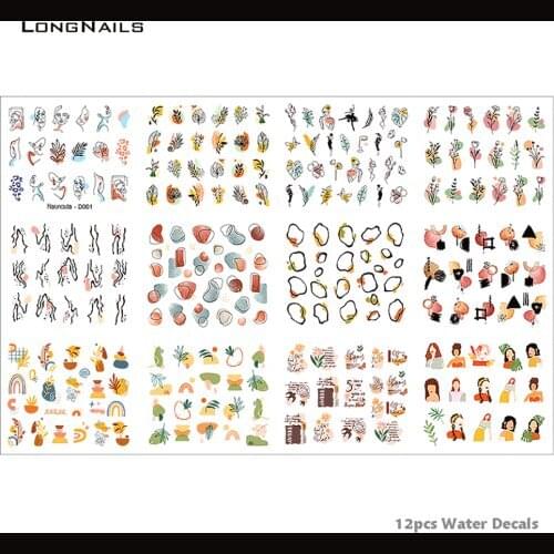 12pc/set Ode of Spring Water Decals Transfer Stickers Nail 6*5cm Leaf Pink Wave Curve Line Nail Art Water Decals Transfer 3D1Y23