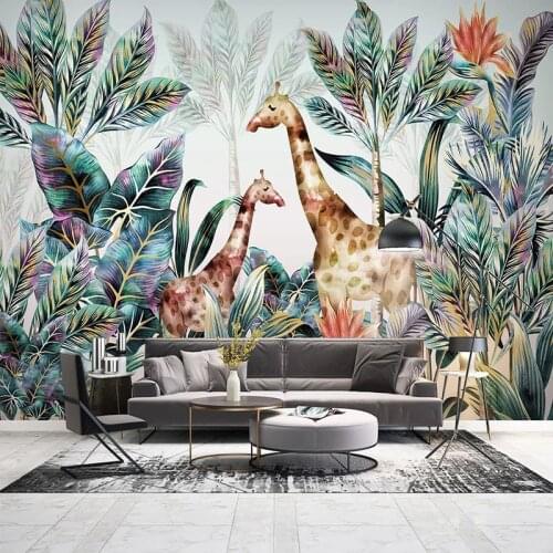 Custom 3D Wallpaper Modern Forest Tropical Plant Leaves Giraffe Animal Photo Wall Murals Living Room TV Bedroom Wall Sticker 3 D