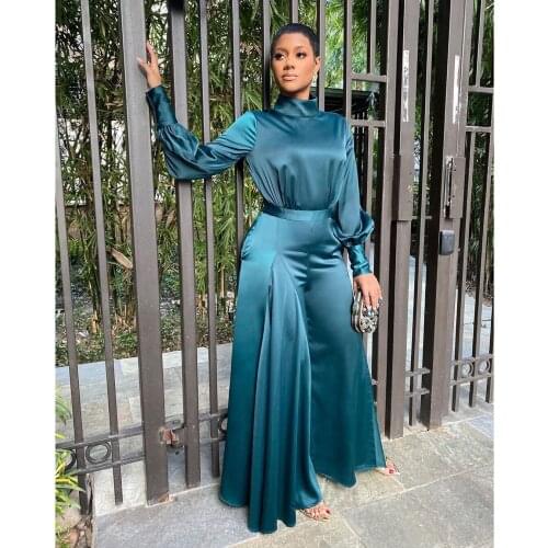 African Women Fashion High Waist Stretch Satin Slim Boot Cut Jumpsuit Lady Office Long Sleeve Elegant Work Wea Wide Legs Romper