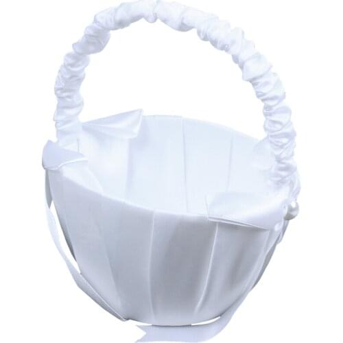 White Satin Beaded Wedding Flower Girl Basket Bowknot Decor