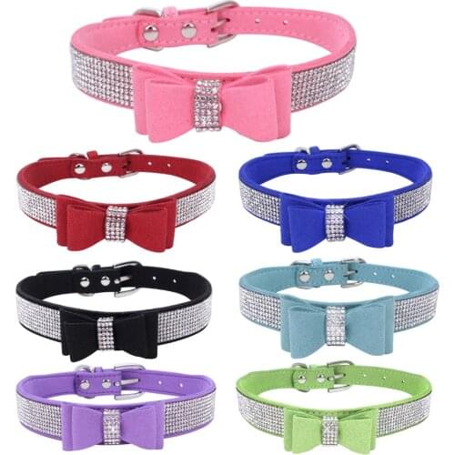 Bling Rhinestone Dog Cat Collars Adjustable Leather Bow Tie Kitten puppy Collar for Small Medium Pets
