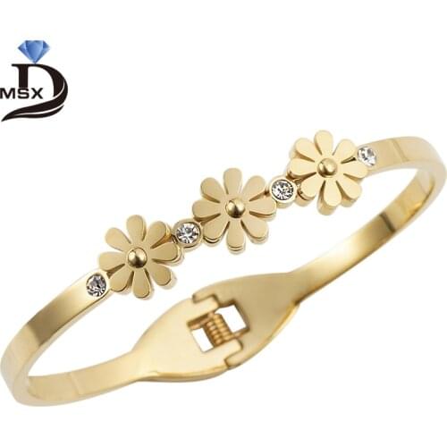 Gold Plating Cubic Zirconia Bangle Bracelet for Man Woman Flower Stainless Steel Wristband Trendy Wedding Party Jewelry Gift