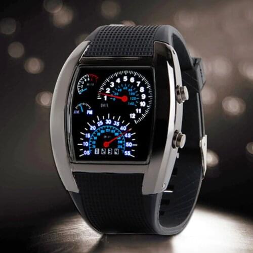 Blue&White LED Watch Men Black Rubber Speedometer Digital Wrist Watches Male Dot Matrix Boys Mens Gift