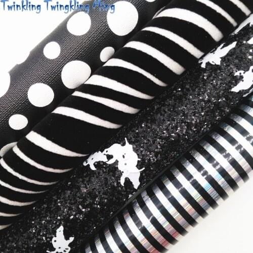 Black Chunky Glitter Fabric with Ghost, Zebra Polka Dots Stripes Printed Faux Fabric Sheet For Bow 21x29CM Twinkling Ming KM390