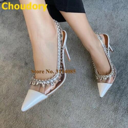 Choudory Women Clear PVC High Heel Pumps Bling Bling Crystal Wedding Shoes Pointed Toe Fringe Rhinestone Heels Patchwork Shoes