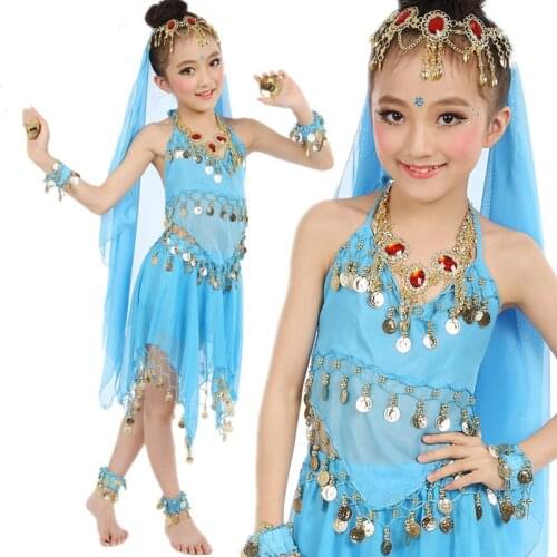 Girls Bollywood Belly Dance Costumes Set Kids Belly Dance Oriental Dance India Sari Children Chiffon Stage Performance Suit New