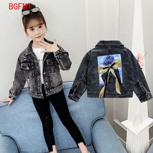 Baby Kid Girl Demin Outerwear Clothes Spring Fall Kids Black Jacket Girls Ripped Hole Teen Casual Sequins Bow Printed Coat Jeans
