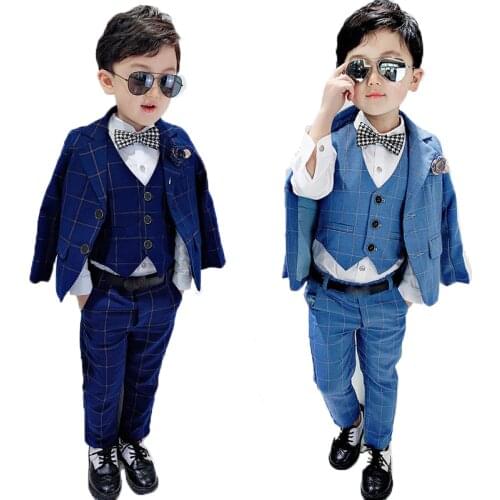 Formal Flower Boys Wedding Suit Set Children Host Party Paino Performance Dress Costume Kids Plaid Blazer Vest Pants Outfits