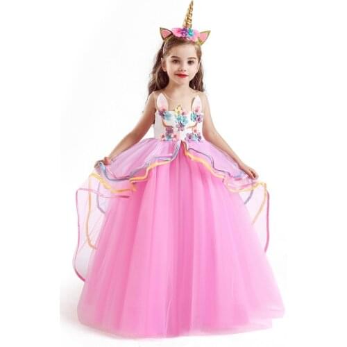 2020 Summer Flower Unicorn Girls Dress Embroidery Sleeveless Dress for Girls Children Wedding Party Princess Dress Size 4-10Yrs