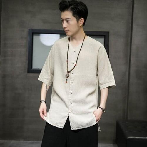 Chinese Style Button Linen T-Shirt MenS Summer Kung Fu Tang Suit Shirt Loose Large Size T-Shirt Japanese Kimono Men New KK3581