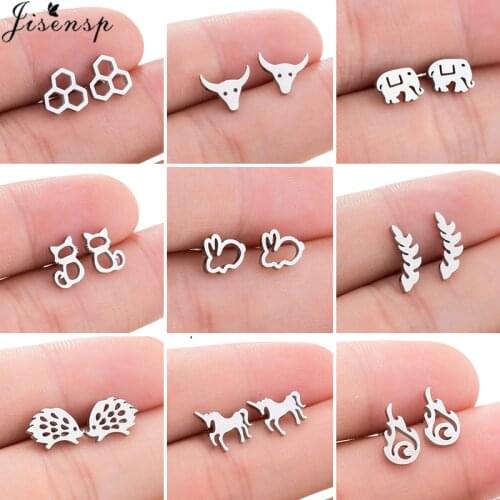 Multiple Small Stainless Steel Stud Earrings for Women Girls Simple Cat Elephant Unicorn Ox Geometric Earings Jewelry Punk Gift