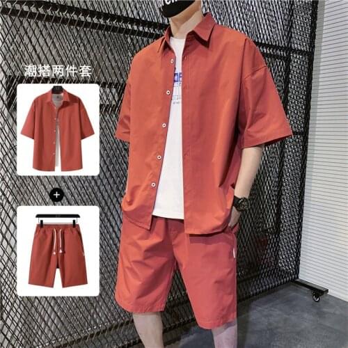 2021 New Casual Suit 2 Sets Leisure Solid Streetwear Suit Fitness Summer Men Shorts + Shirt High Quality Sets Youth Dropshipping