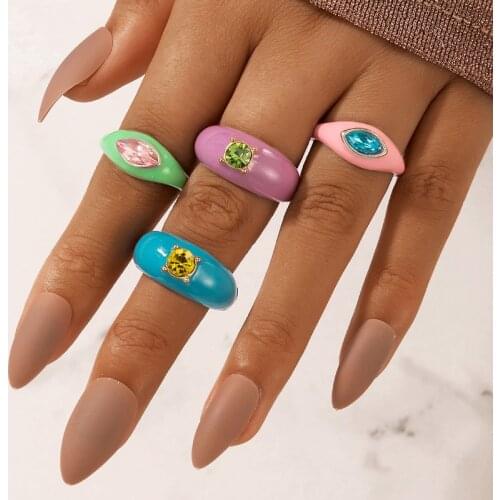 Tocona 4pcs/sets Colorful Dripping Oil Joint Ring Sets for Women Clear Crystal Stone Wedding Ring Jewelry Accessories 19657