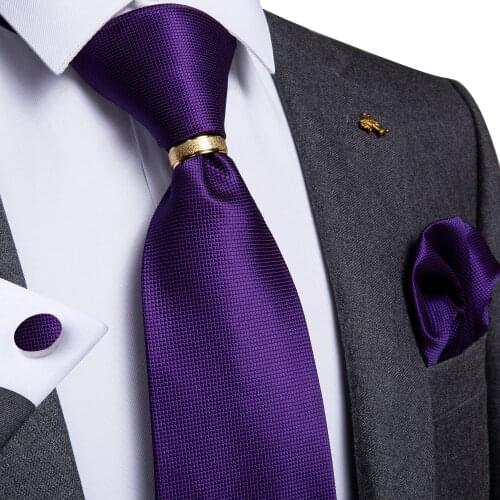 New Designer Mens Necktie Purple Solid Silk Wedding Tie For Men Hanky Cufflinks Ring Tie Set DiBanGu Business Party ZH02-281