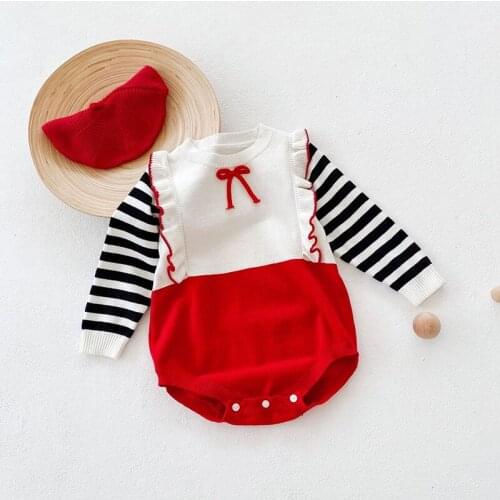 New Autumn Baby Girls Bodysuit Infant Cotton Stripe Splicing Newborn Knitted Sweaters Tops Toddler Girls Long Sleeve Jumpsuit
