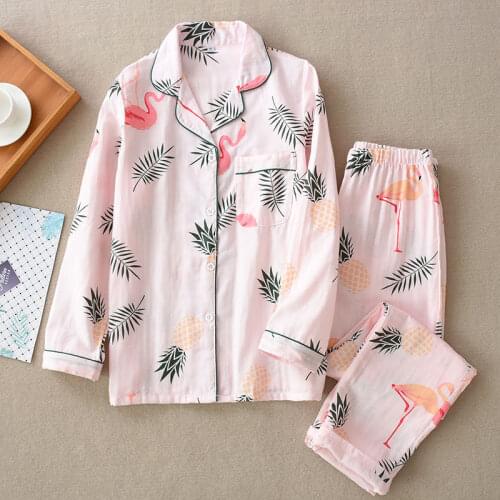Spring/summer Pajamas for Women Pure Cotton Gauze Flamingo Fresh Long Sleeves Ladies Sleepwear Set Loose Comfy Home Clothing