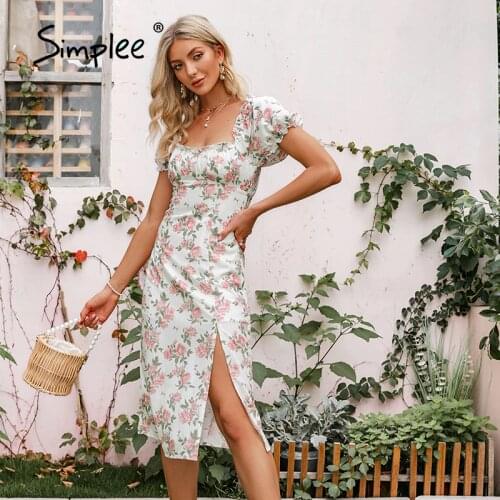 Simplee Elegant French Style Rose Print Summer Dress 2021 Boho Puff Sleeve Square Neck Slit Women Dresses Slim Straight Vestidos