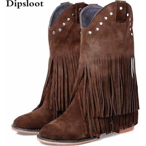 Winter New High Quality Women Blue Brown Gray Genuine Leather 6 cm Heels Round Toe Rivets Tassels Fringed Mid-calf Short Boots