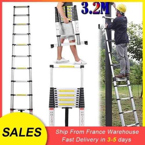 3.2m Portable Telescopic Aluminum Ladder With Bag And Crossbar Gloves Household Thickened Multifunctional Lift HWC