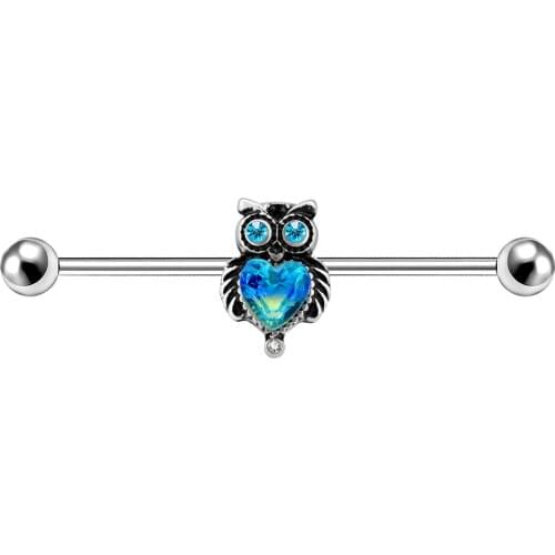 Body Punk 14g Industrial Barbell Owl with Blue Green Heart CZ Industrial Rings Industrial Piercing Jewelry
