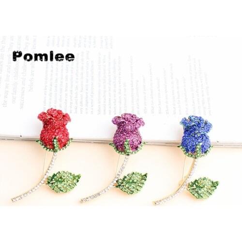 Pomlee Luxury Enamel Rose Flower Brooches For Women Lady Full Stone Fashion Pin Spring Winter Design 3 Colors Available Gift